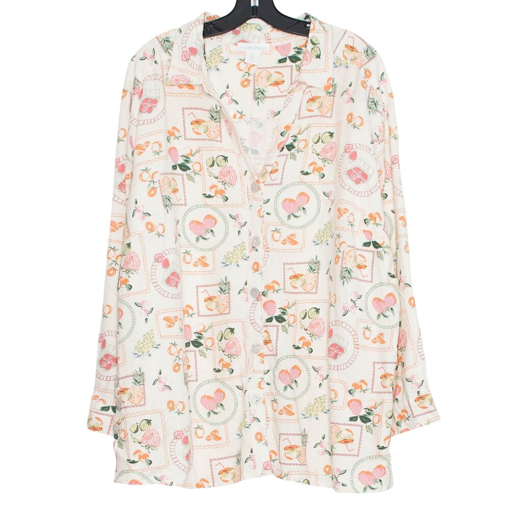 Cynthia Rowley Button Up Top Linen Blend Fruit Cottagecore Vacation Plus Size 1X
